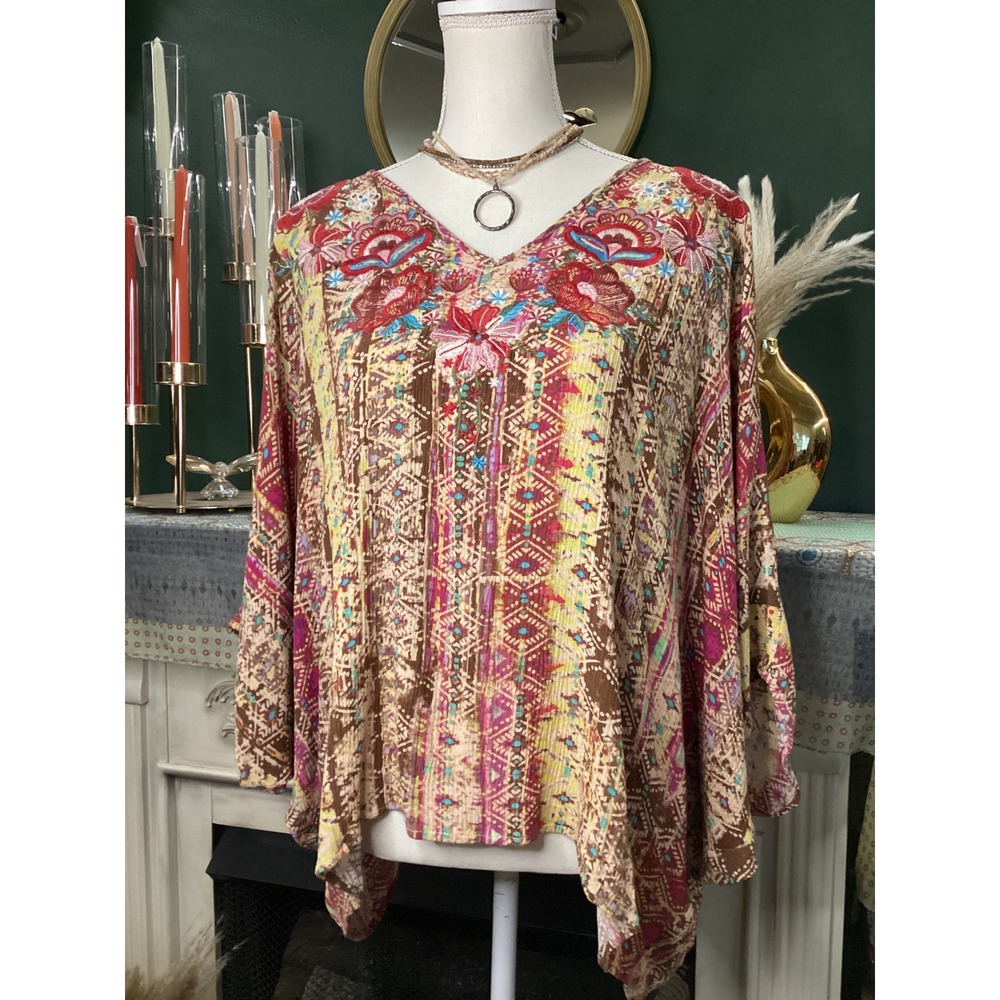 Savanna Jane Embroidered Boho Peasant Top Brown Yellow Floral V-Neck Small